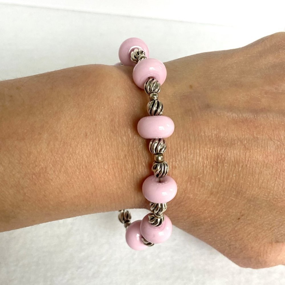 Sterling Silver 925 11MM Pink Glass & Swirl Bead Ball Beaded Bracelet 8" 19g
